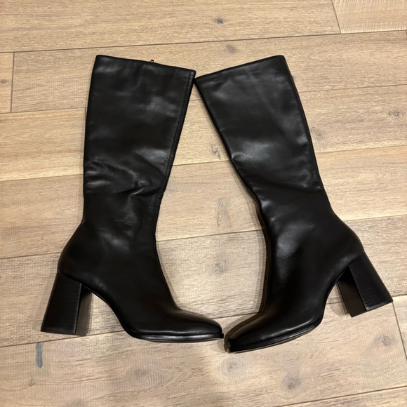 new Reformation Nylah Nappa black leather knee high square toe block heel - Picture 8 of 9